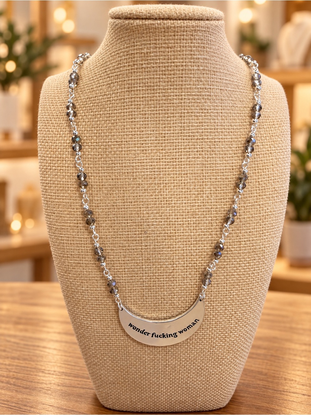 Wonder Fucking Woman Silver Beaded Necklace